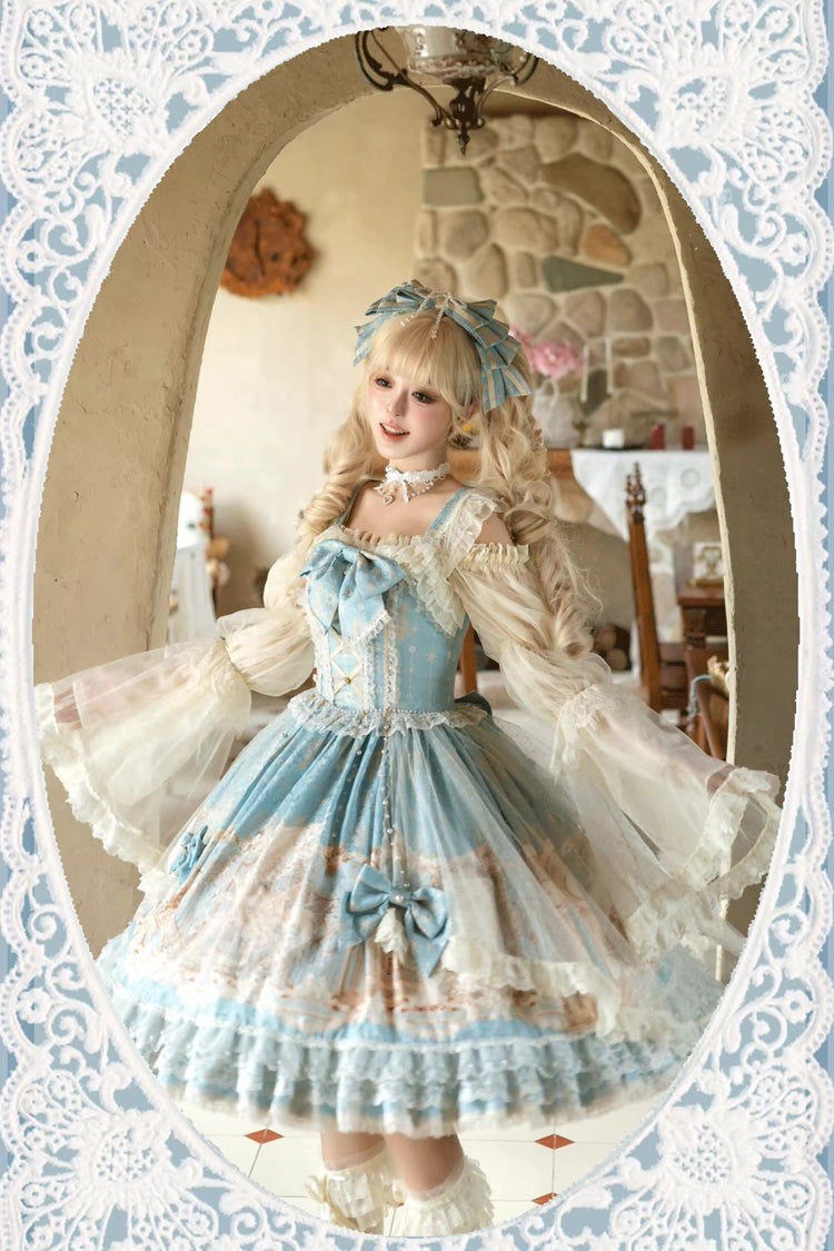 Blue Unicorn Print Sleeveless Multi-Layered Embroidery Bowknot Lace Sweet Lolita Jsk Dress