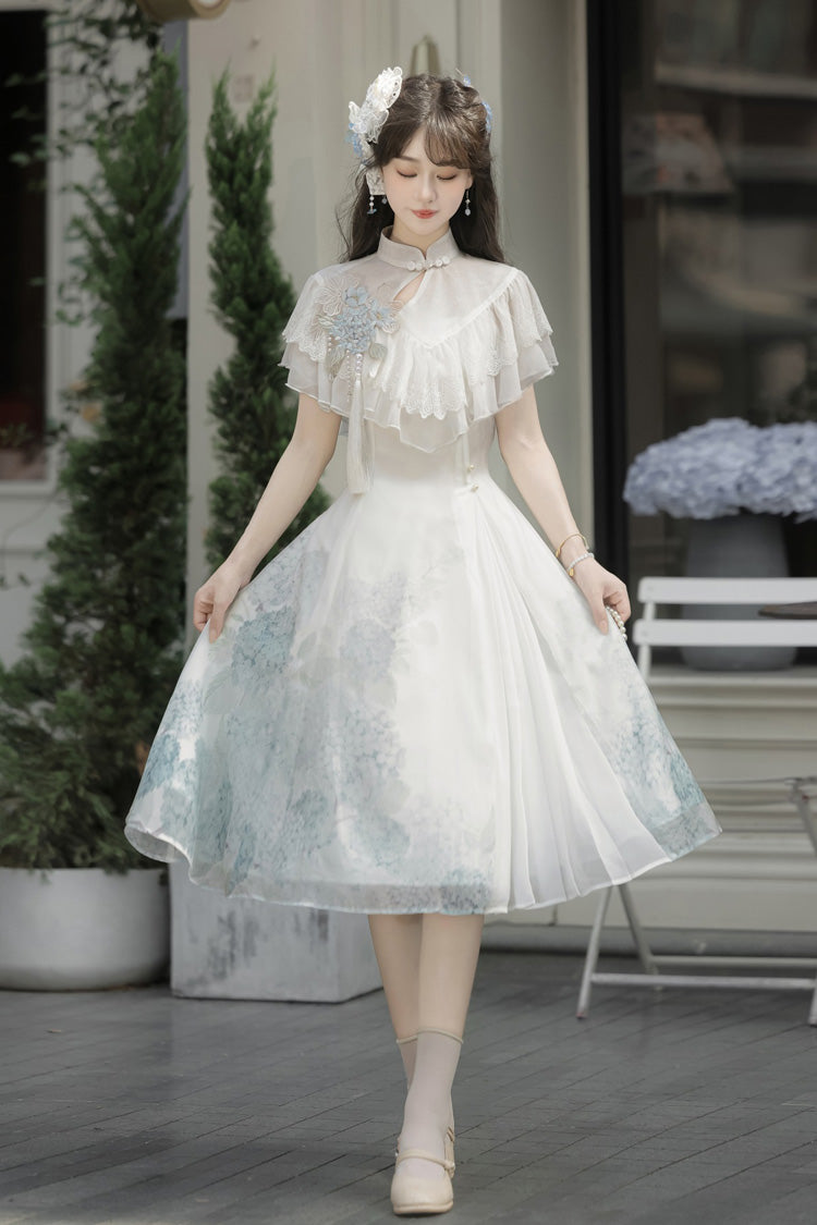 White Hydrangea Message Short Sleeves Print Ruffle Lace Sweet Chinese Style Elegant Lolita Short Dress