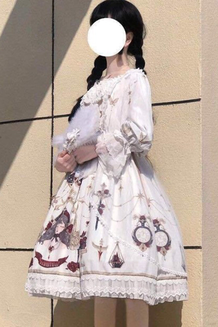 White Lace Ruffled Princess Print Sweet Lolita OP Dress