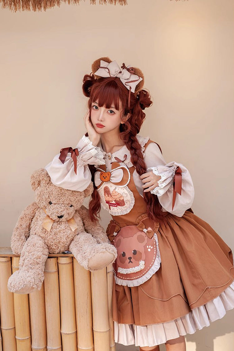 Brown Cookie Bear Multi-layer Print Ruffle Bowknot Sweet Lolita Dress
