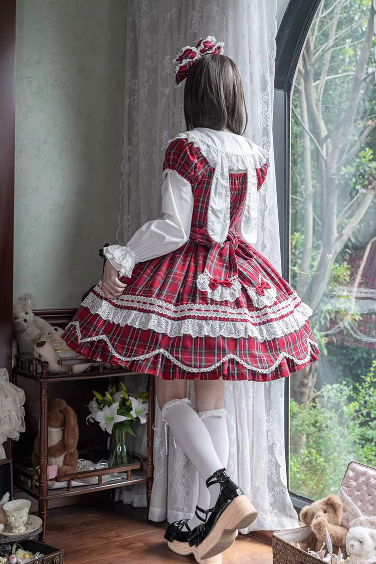 Red Gingham Petal Bunny Short Sleeves Printed Ruffled Bow Sweet Lolita OP Dress