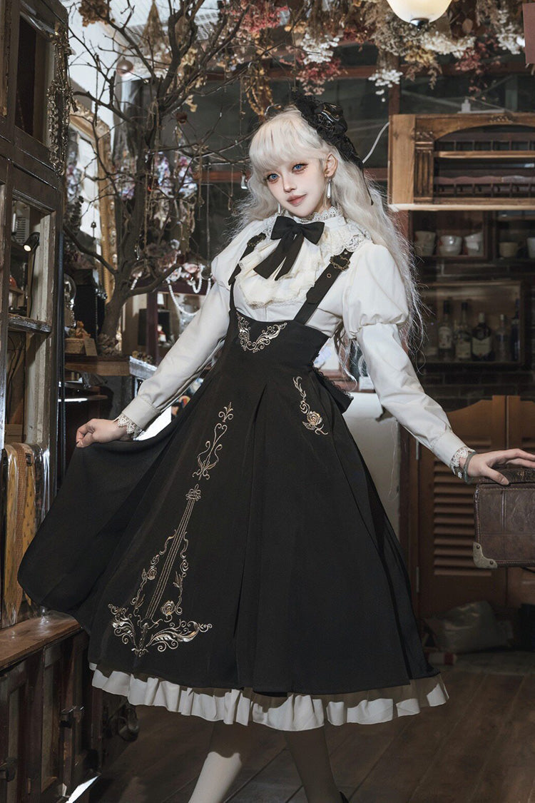 Black/White Violin Variations Ruffled Embroidered Gothic Lolita Jumper Dress Set
