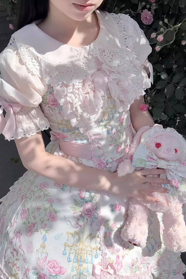 White/Pink Sleeveless Flower Wall Print Ruffle Bowknot Lace Sweet Lolita Jsk Dress