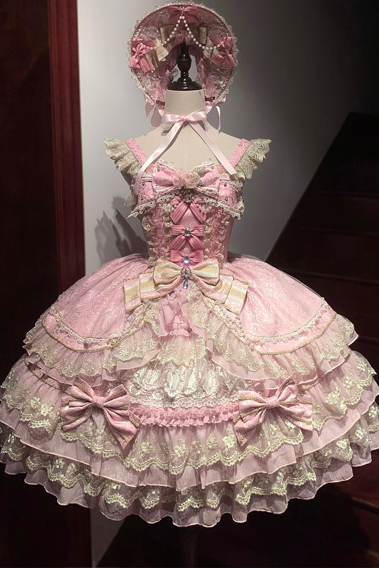 Pink Crown of Gems Triple-Layered Ruffle Bowknot Lace Sweet Gorgeous Lolita Jsk Dress