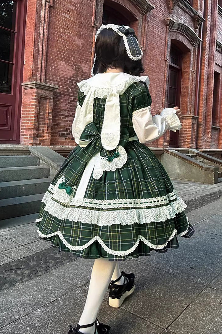 Green Gingham Petal Bunny Short Sleeves Printed Ruffled Bow Sweet Lolita OP Dress