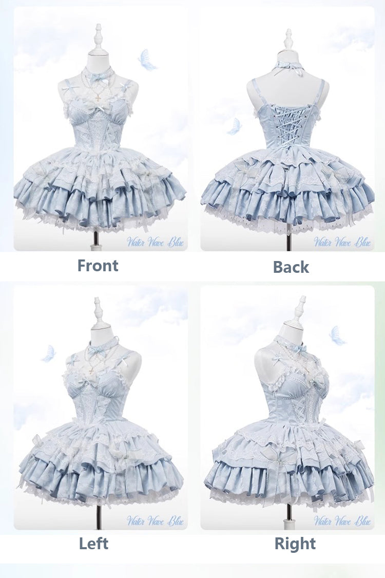Light Blue Halterneck Double-Layered Jacquard Ruffle Bowknot Lace Sweet Ballet Lolita Jsk Dress