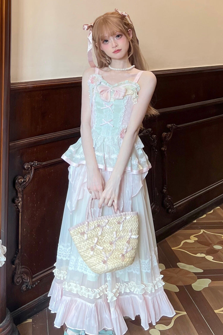 Pink/Green Summer Garden Ruffle Embroidery Bowknot Lace Sweet Lolita Jsk Long Dress