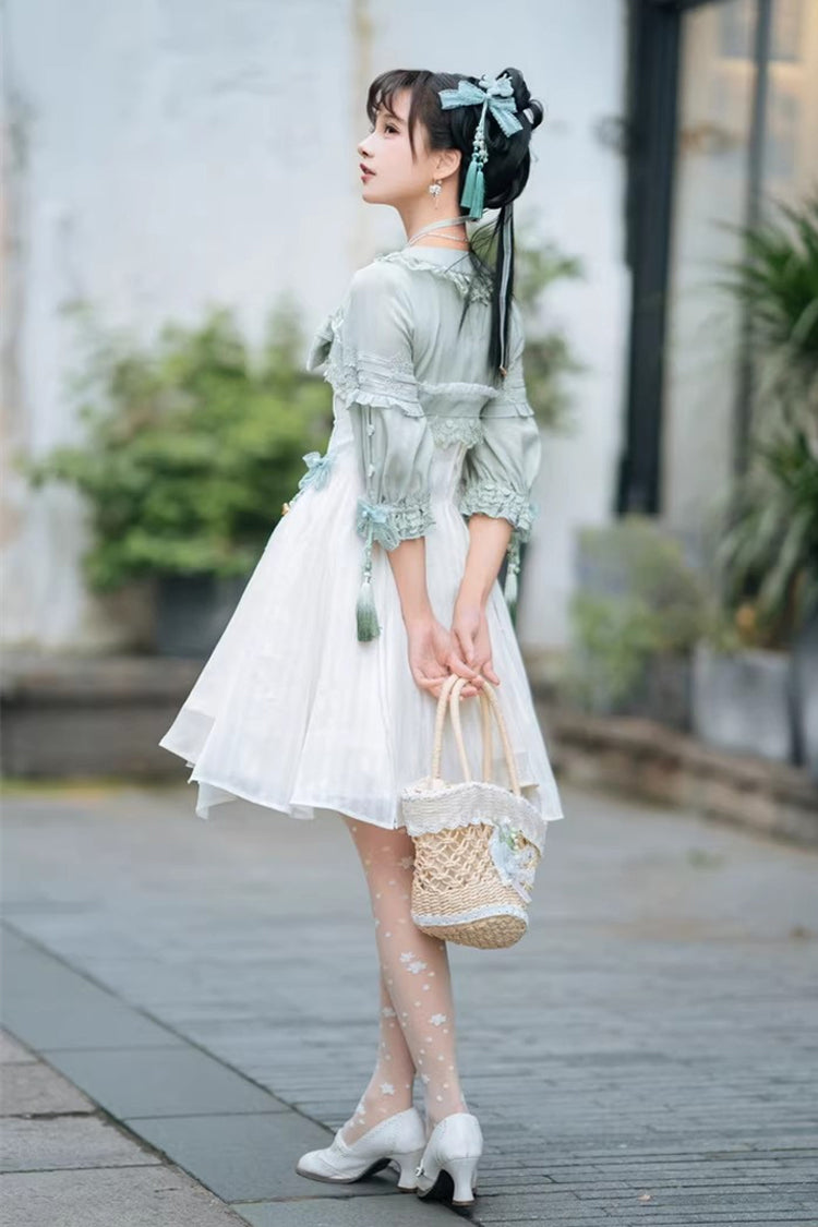 White/Green Half Sleeves Ruffled Bow Sweet Chinese Style Lolita Hanfu Dress