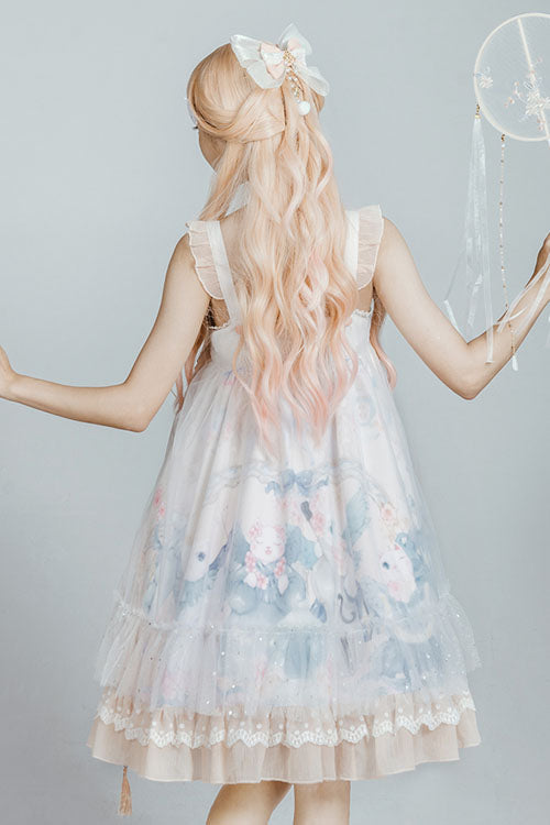 Light Blue Violin Cat Print Bowknot High Waisted Multi-Layer Ruffled Sweet Lolita Jsk Dress