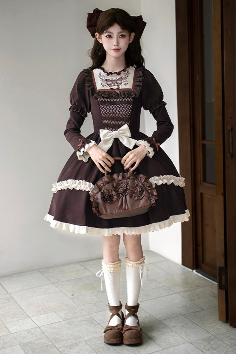Brown Miss Brown Long Sleeves Double-Layered Ruffle Bouquet Embroidery Bowknot Sweet Lolita Dress (Short Version)