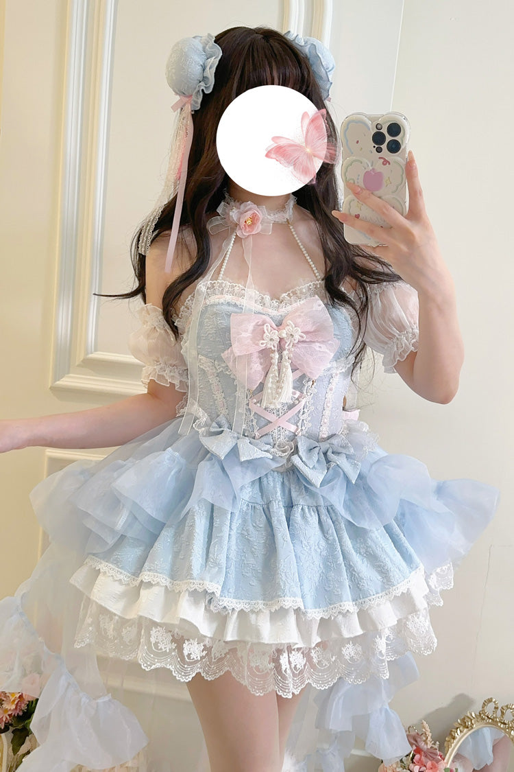 Blue Rain and Flowers Halterneck Jacquard Ruffle Bowknot Lace Sweet Lolita Jsk Dress