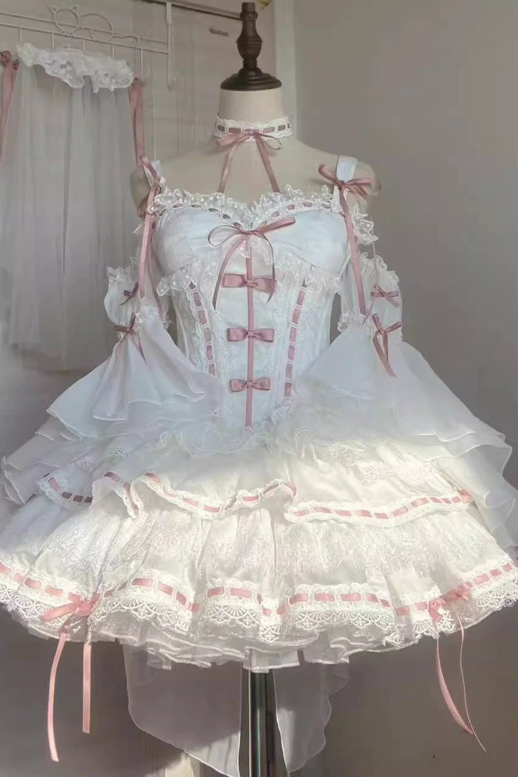 White Little Love Song Detachable Trumpet Sleeves Ruffle Bowknot Lace Sweet Lolita Top Skirt Set