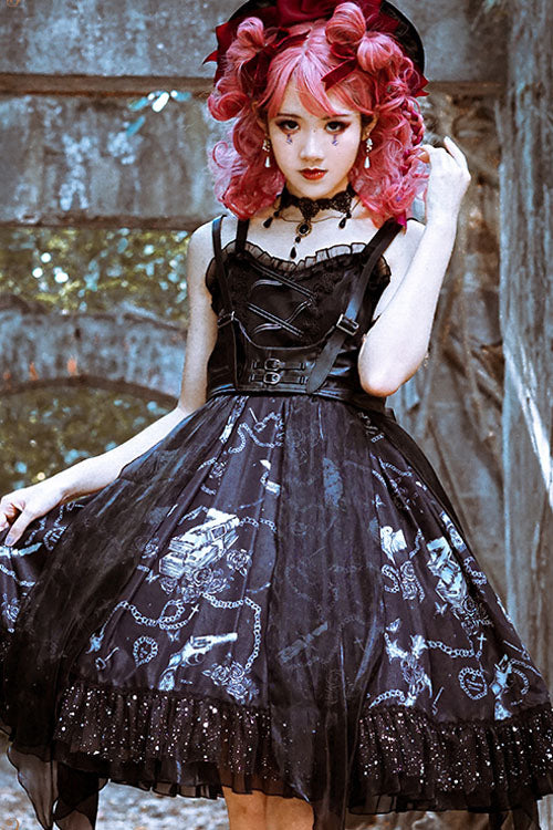 Dark Blue Vampire Diaries Theme Bowknot Ruffled Gothic Lolita JSK Dress Full Set