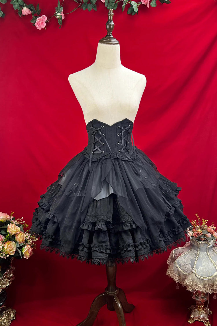 Black The Angel of Good and Evil Multi-Layered Ruffled Lace Gothic Elegant Lolita Skirt (Corset Belt Included)