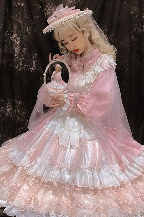 Pink Hanayome Long Sleeves Bowknot Multi-Layer Ruffled Sweet Lolita OP Tiered Dress