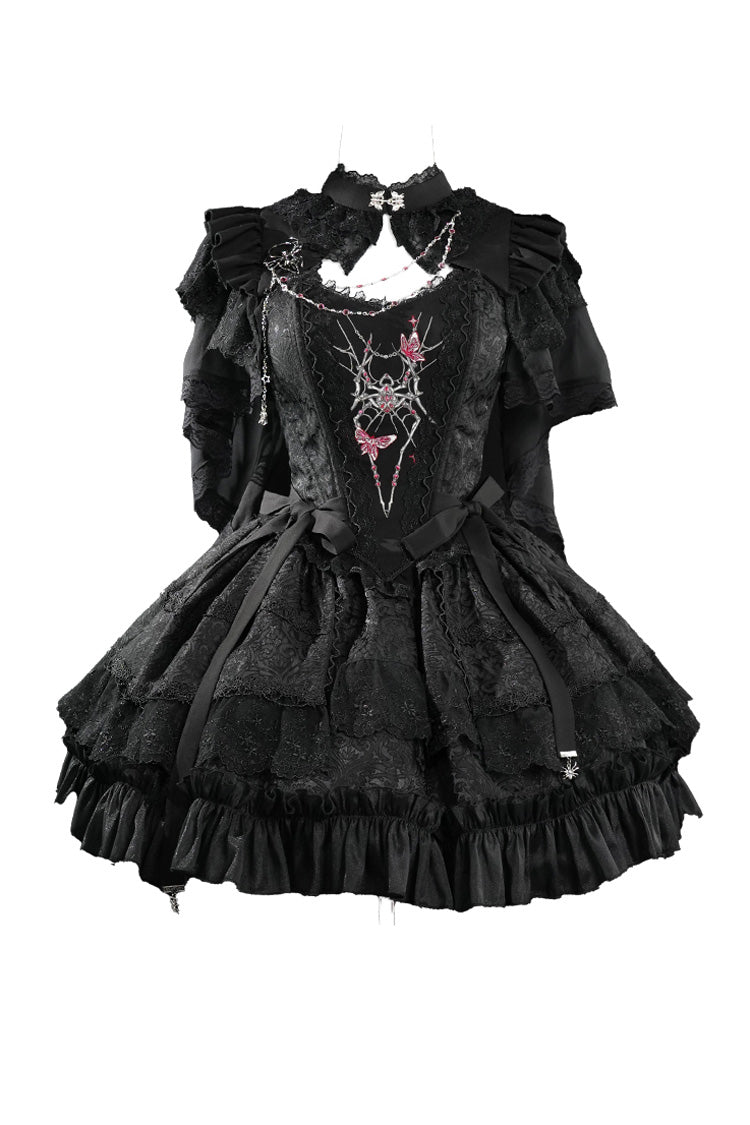 Black Sleeveless Spider Embroidery Bowknot Lace Gothic Princess Lolita Skirt Two-piece Set