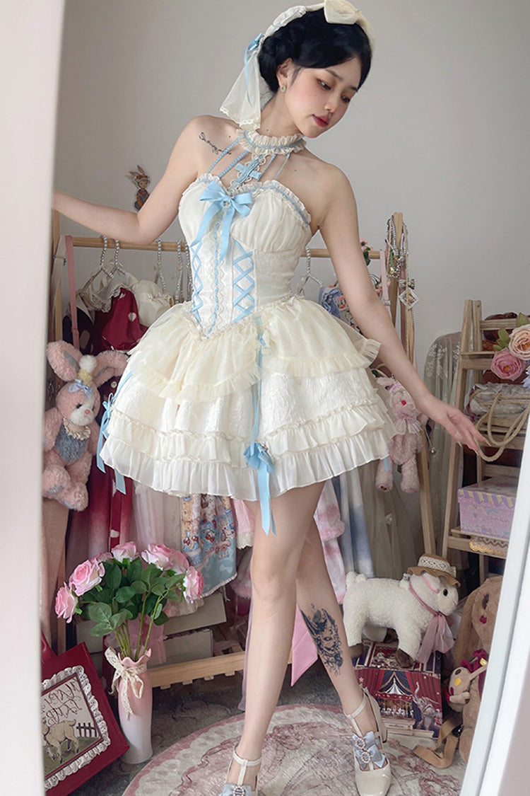 Blue/Ivory Tube Top Sleeveless Ruffle Bowknot Gothic Lolita Jsk Tiered Dress