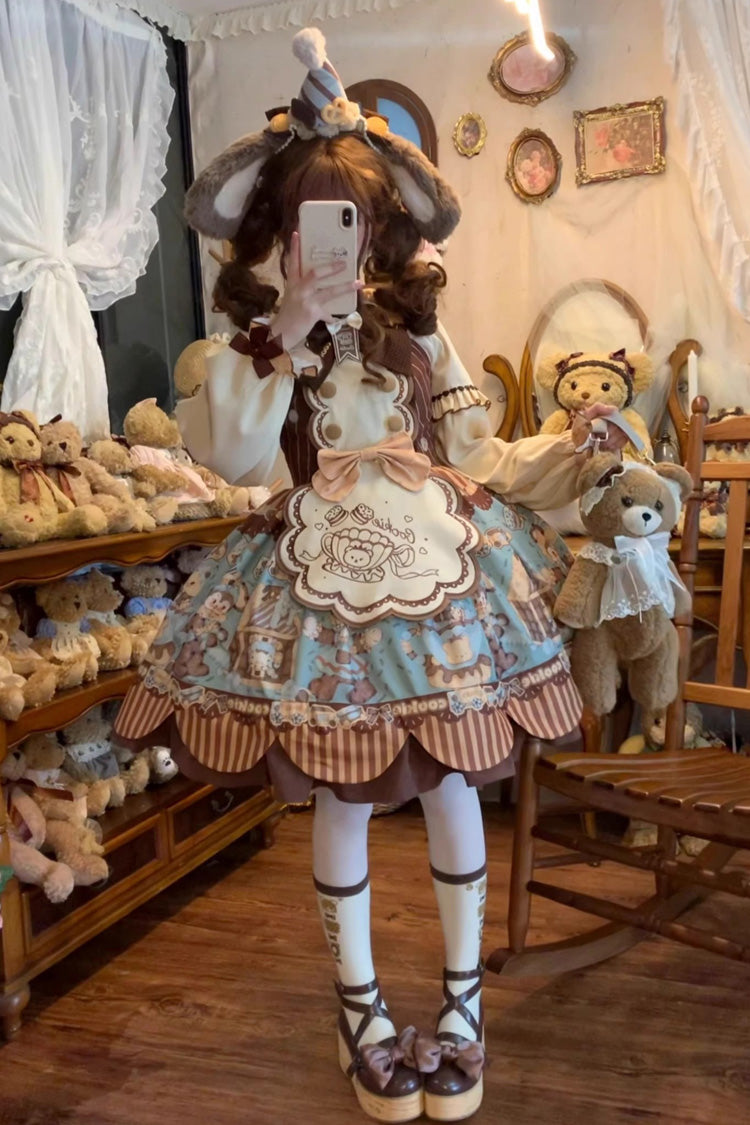 Bear Cookie Sleeveless Print Bowknot Sweet Lolita Jsk Dress Set 2 Colors