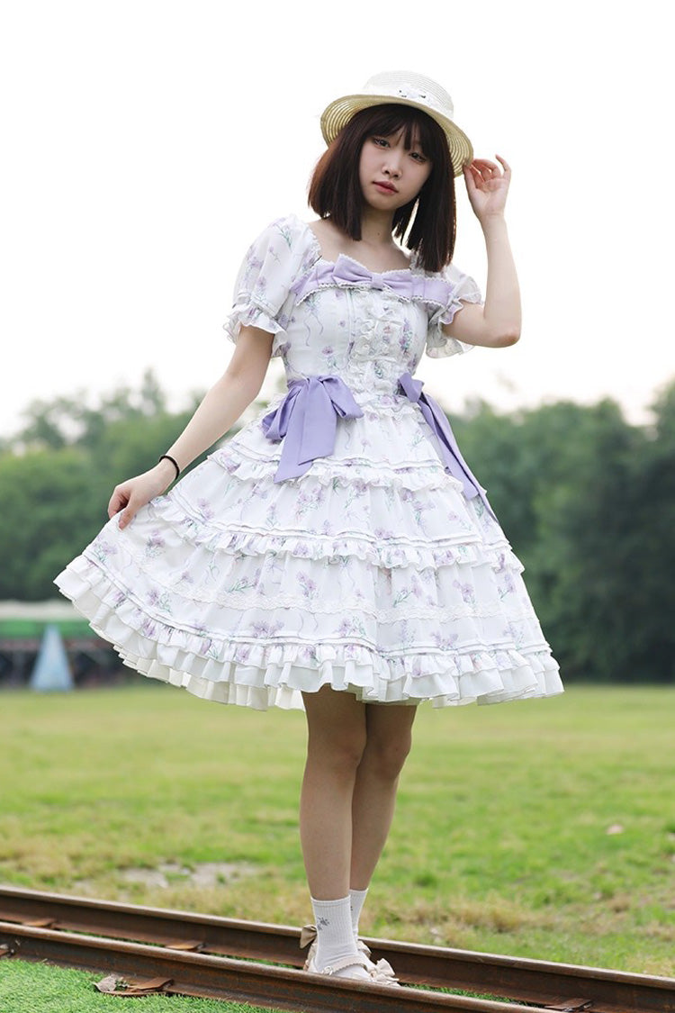 Sweet Square Collar Short Sleeves Triple-Layered Print Ruffle Bowknot Lace-Up Elegant Lolita Dress 2 Colors