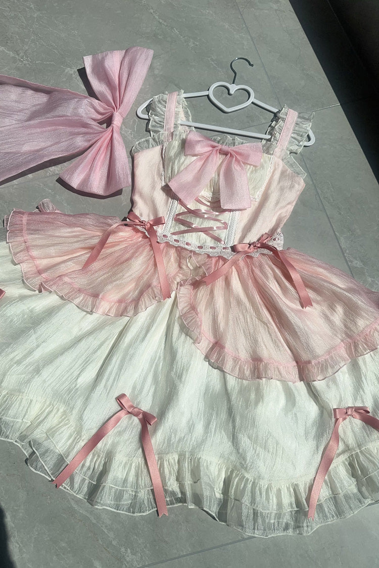 White/Pink Sweet Sakura Bow Sleeveless Double-Layered Ruffled Bow Sweet Princess Lolita Jsk Dress