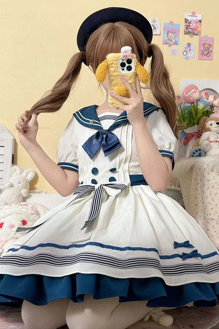 White/Green Navy Collar Short Sleeves Ruffle Bowknot Sweet Lolita Dress