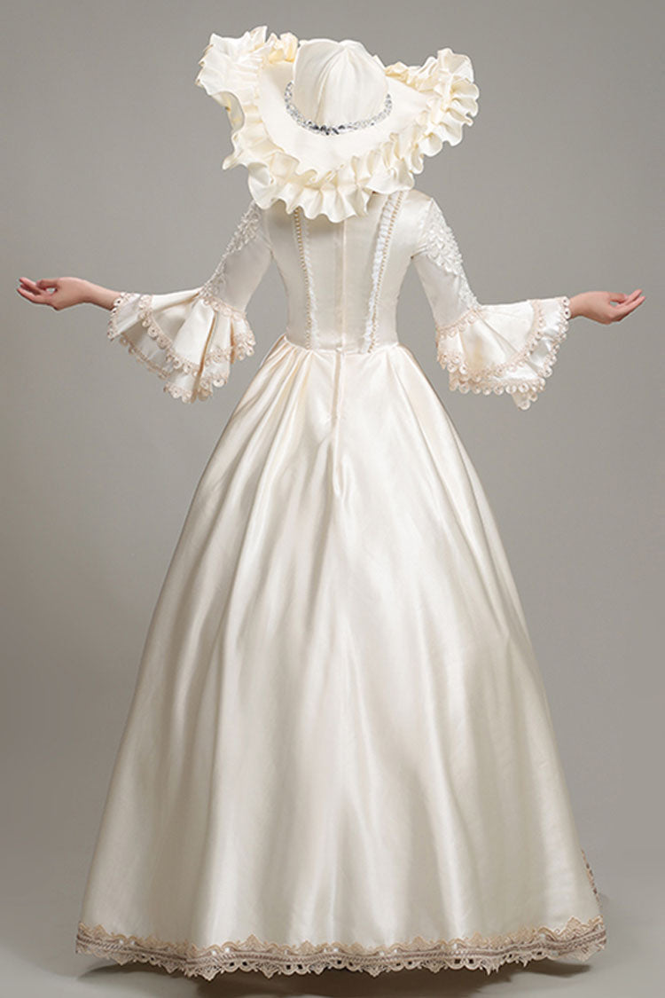 Champagne Multi-Layer Half Trumpet Sleeves High Waisted Bowknot Embroidery Floral Print Victorian Lolita Dress