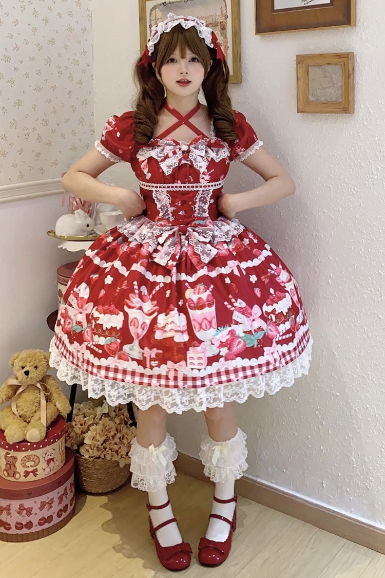 Red Strawberry Parfait Print Short Sleeves Ruffle Bowknot Lace Lace-Up Sweet Lolita Dress