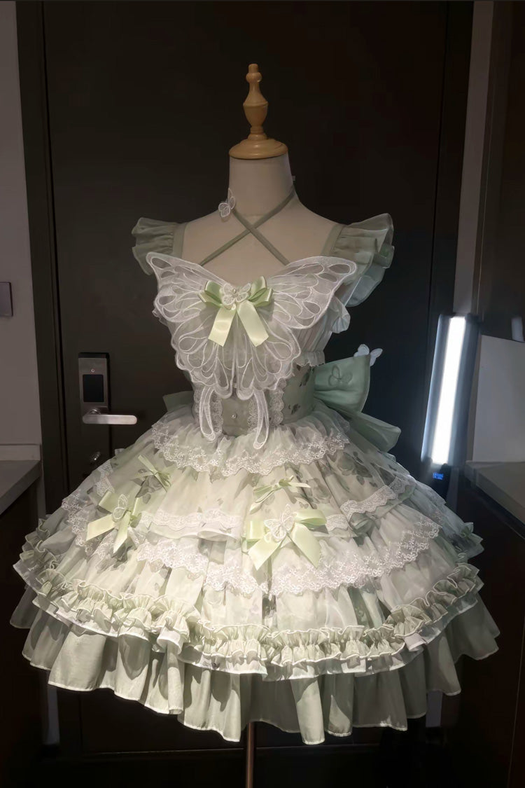 Green Promise of the Blooming Season Print Ruffle Bowknot Lace Sweet Princess Lolita Jsk Dress