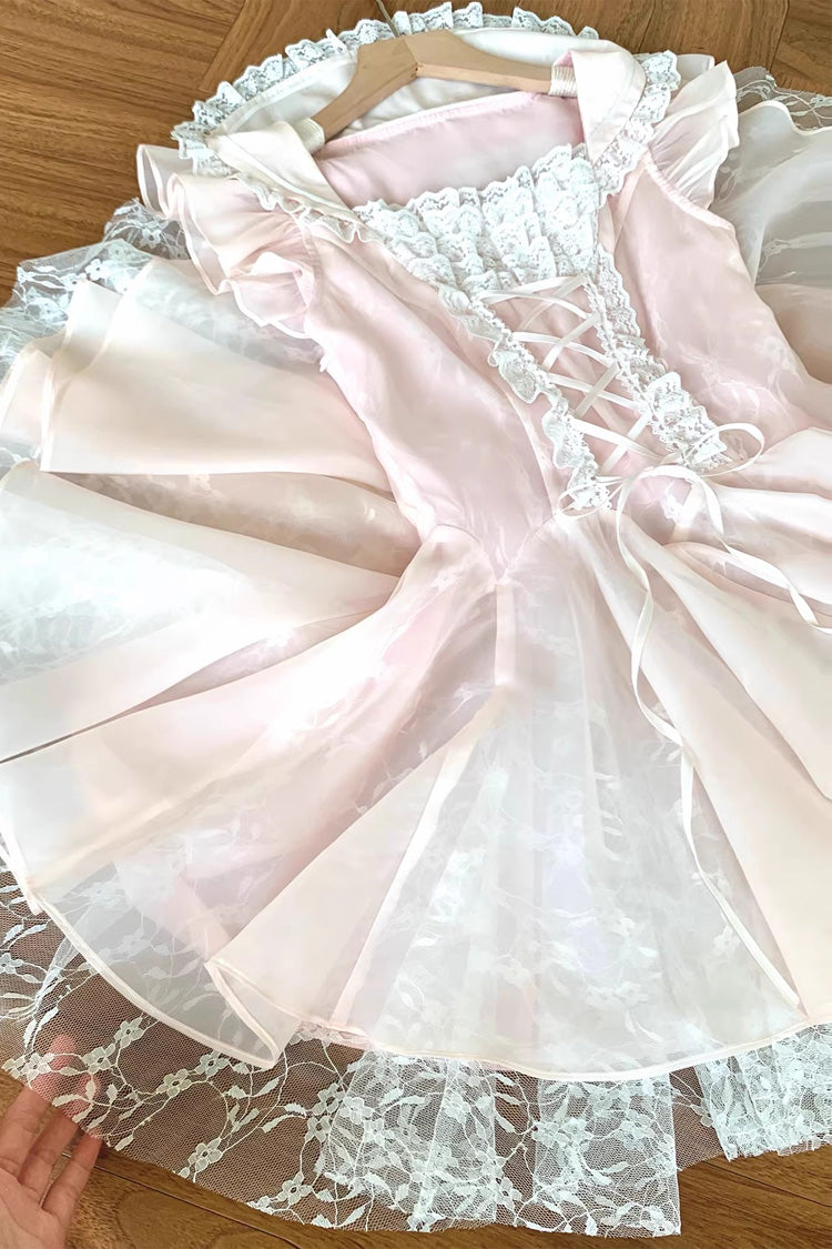 Pink Floral Letter Square Collar Ruffled Lace Lace-Up Sweet Princess Ballet Lolita Dress