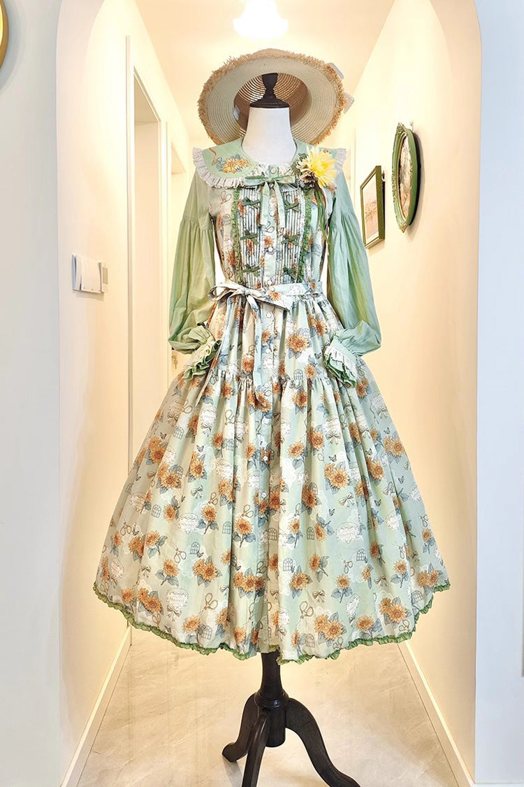 Green Gardening Sunflower Sleeveless Print Ruffle Bowknot Sweet Elegant Lolita Jsk Dress