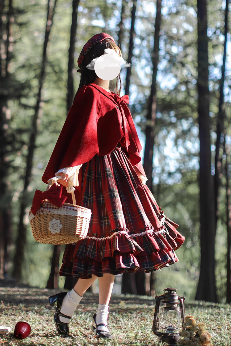 Red Little Red Riding Hood Double-Layered Plaid Print Ruffle Bowknot Sweet Vintage Lolita Jumper Dress