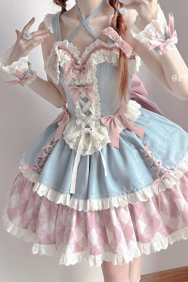 Blue/Pink Sweetheart Cowboy Plaid Print Ruffle Bowknot Sweet Lolita Skirt Set