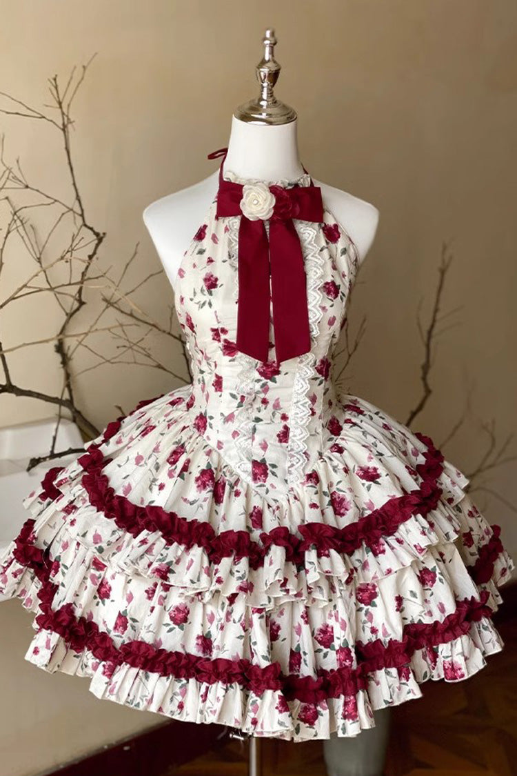 Red/White Halterneck Romantic Rose Print Ruffle Bowknot Sweet Chinese Style Lolita Dress