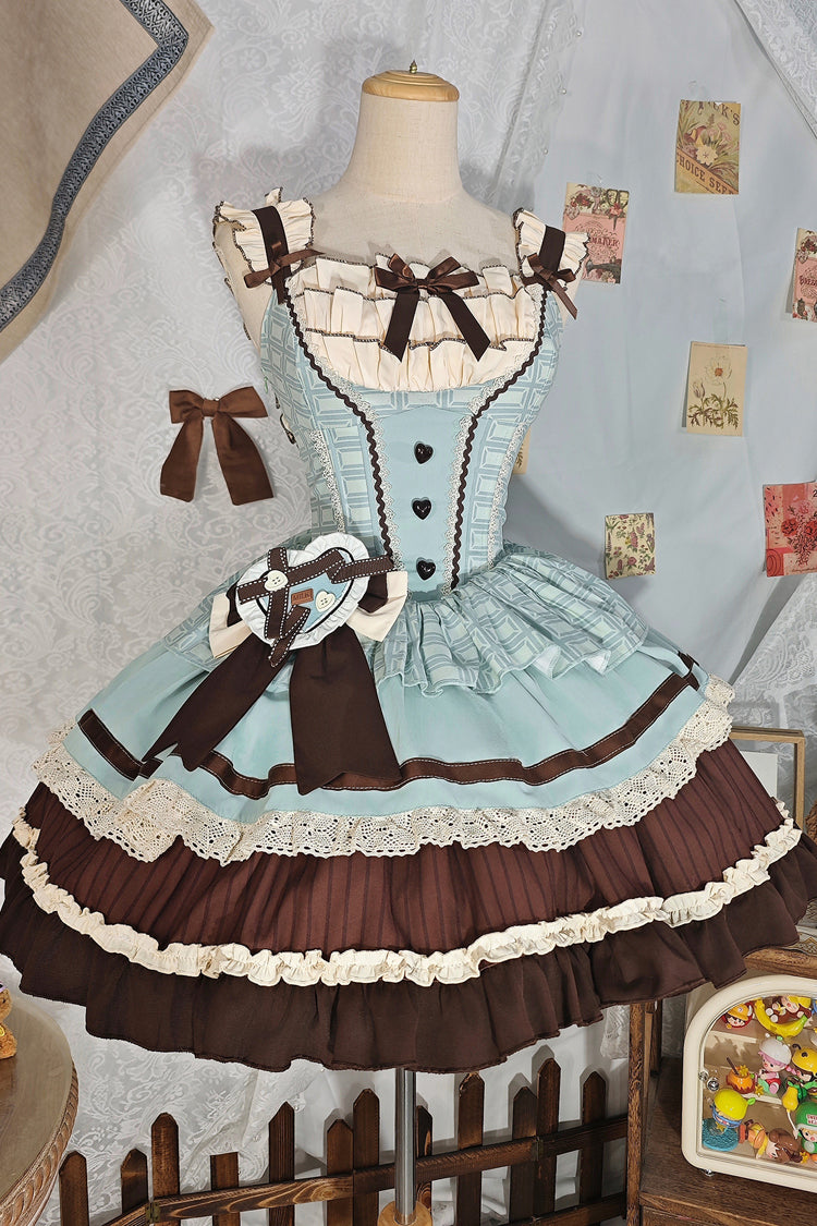 Green/Brown Mint Chocolate Sleeveless Triple-Layered Ruffle Bowknot Sweet Lolita Jsk Dress