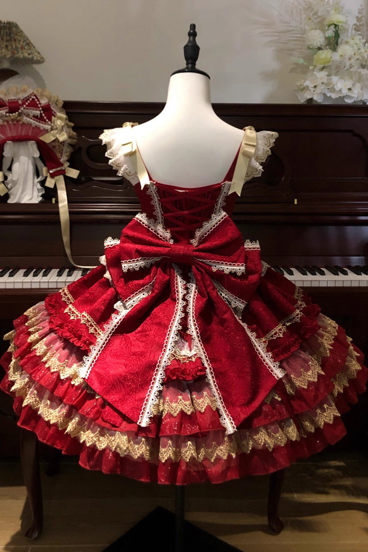 Red Gilded Memories Sleeveless Double-Layered Ruffle Hot Stamping Bowknot Lace Sweet Lolita Jsk Dress
