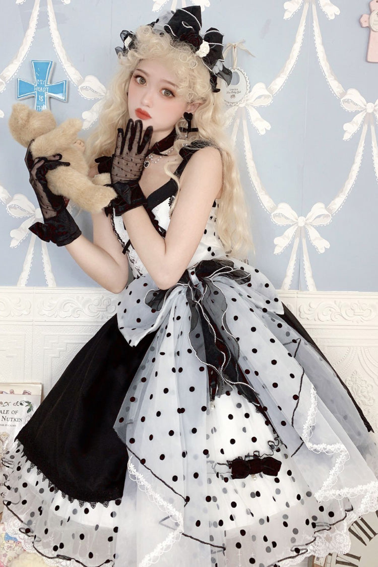 Black Polka Waltz Sleeveless Print Bowknot Stitching Lace Gothic Lolita Jsk Dress
