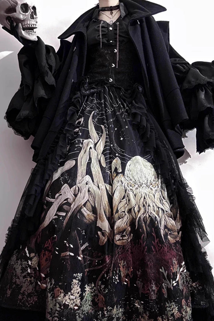 Black Reborn Ancient God Long Hime Sleeves Print Lace Gothic Lolita Skirt Dress Set