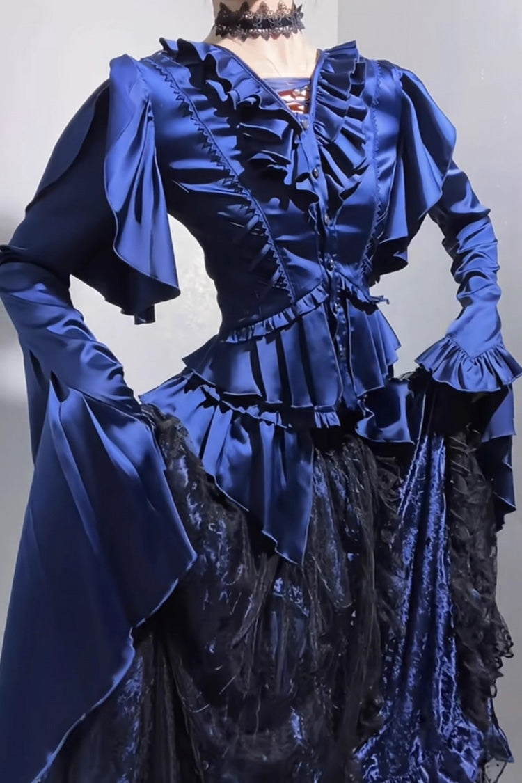 Echoes of the Deep Sea Long Hime Sleeves Ruffled Bow Lace-Up Gothic Ouji Lolita Blouse 4 Colors