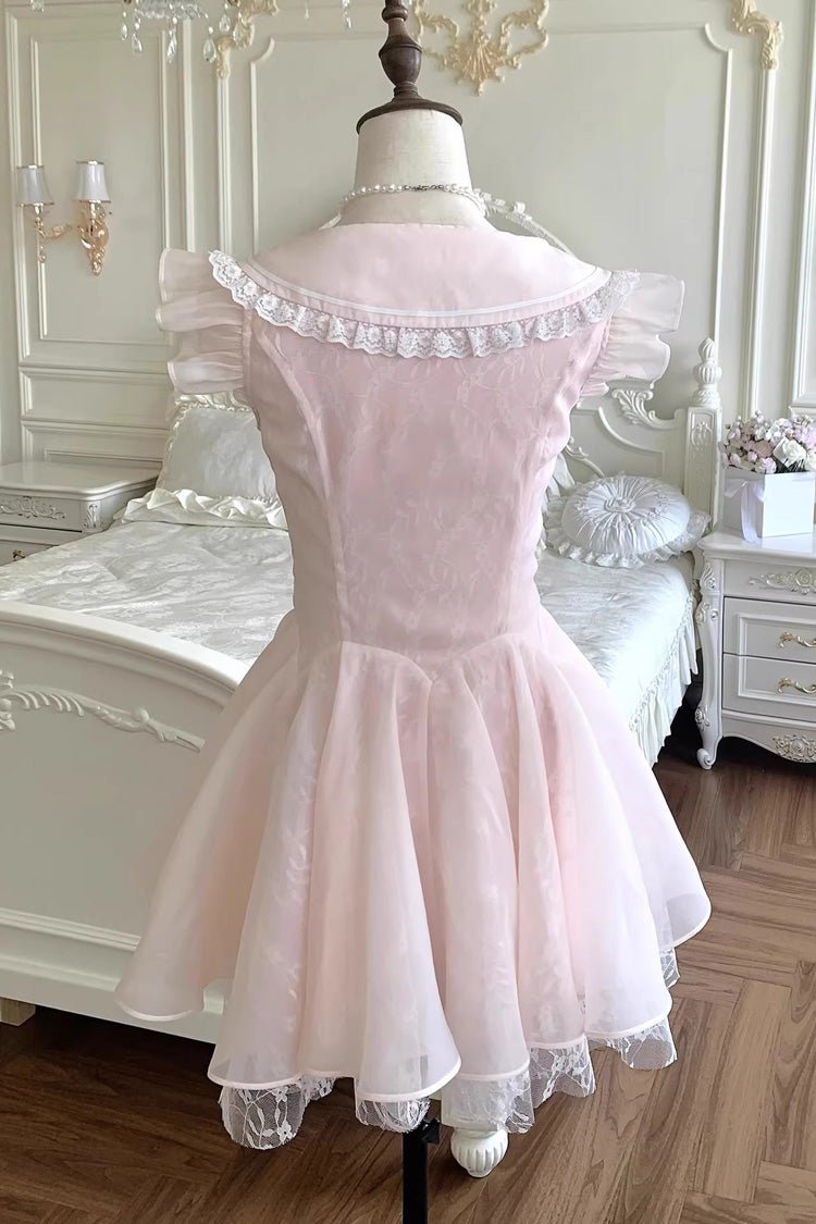 Pink Floral Letter Square Collar Ruffled Lace Lace-Up Sweet Princess Ballet Lolita Dress