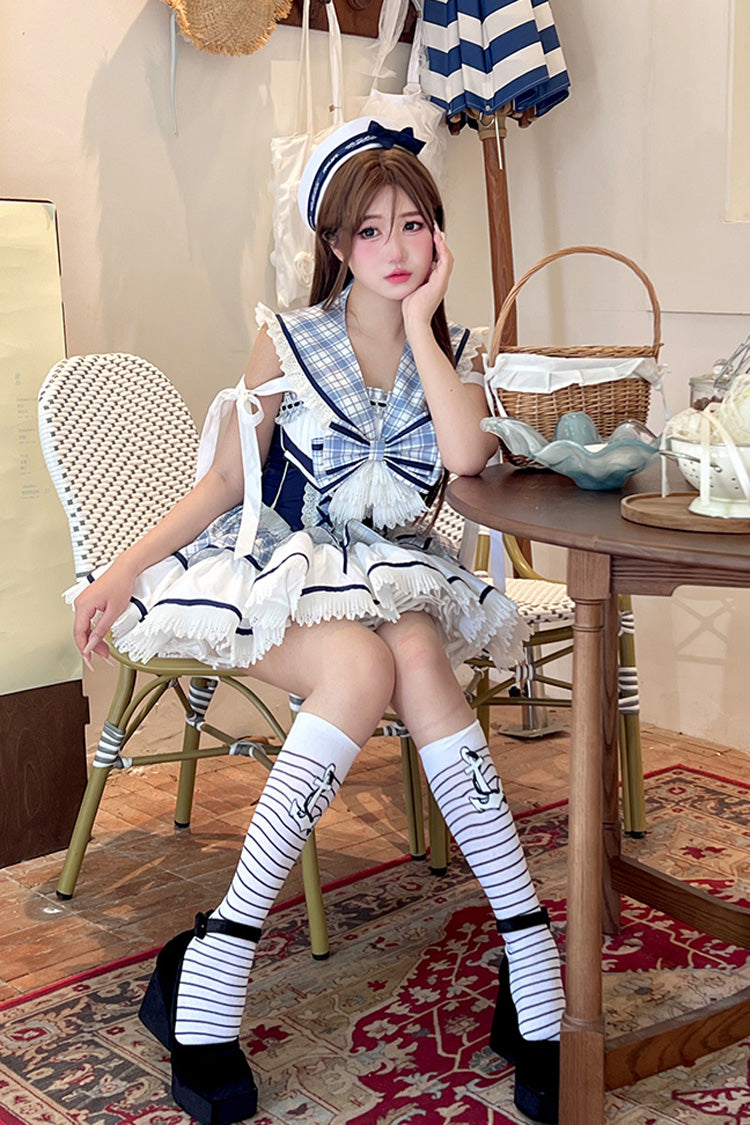 Blue/White Sailing Love Navy Collar Sleeveless Plaid Print Ruffle Bowknot Sweet Lolita Dress