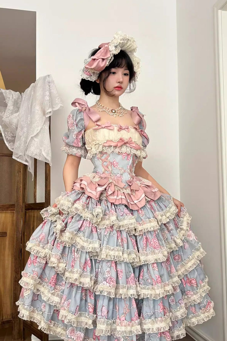 Blue/Pink Gem Rose Multi-Layered Ruffle Bowknot Lace Sweet Princess Lolita Skirt 2 Versions