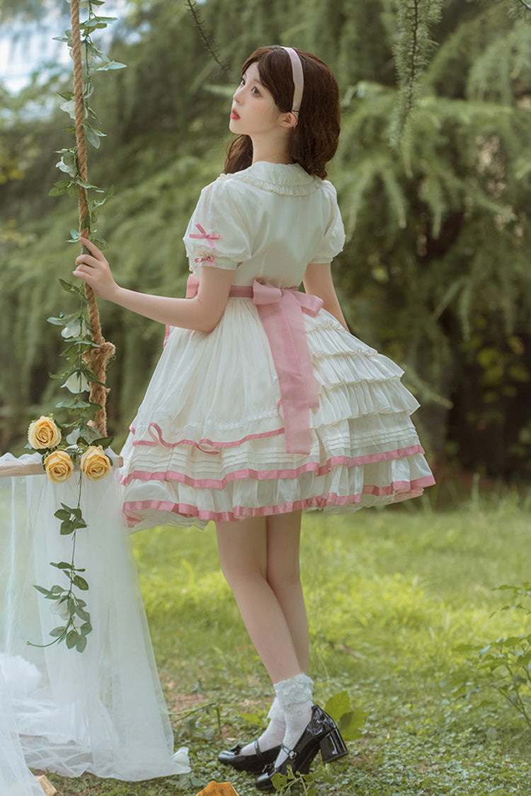White/Pink Short Sleeves Multi-layer Ruffle Bowknot Sweet Lolita Dress