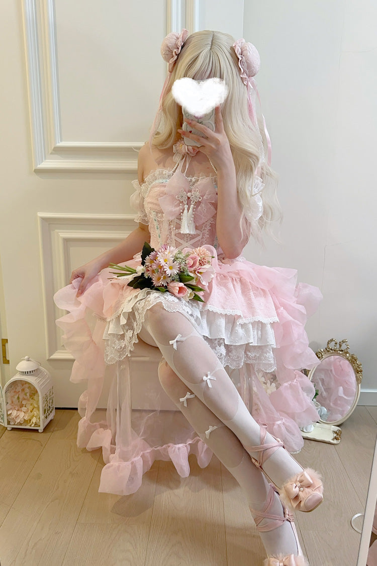 Pink Rain and Flowers Halterneck Jacquard Ruffle Bowknot Lace Sweet Lolita Jsk Dress