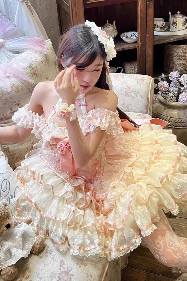 Pink Flower Language of Eros Halterneck Multi-Layered Ruffle Bowknot Rose Lace Lace-Up Sweet Ballet Lolita Jsk Dress