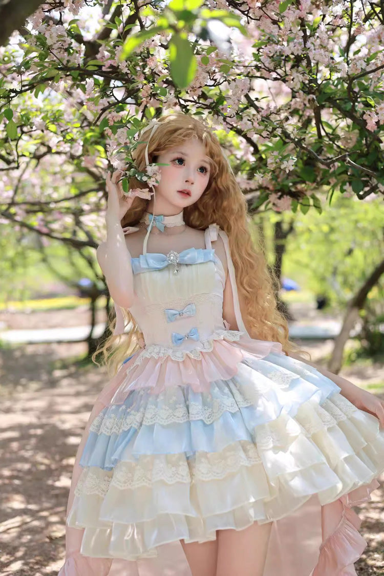 Blue/Pink/Apricot Multi-layer Ruffle Bowknot Sweet Princess Lolita Tiered Dress