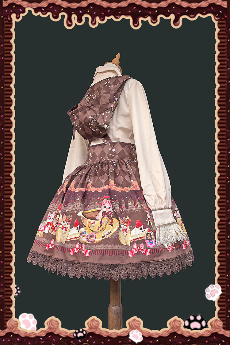 Cream Meow Sleeveless Print Bowknot Hooded Sweet Lolita Strap Dress 3 Colors