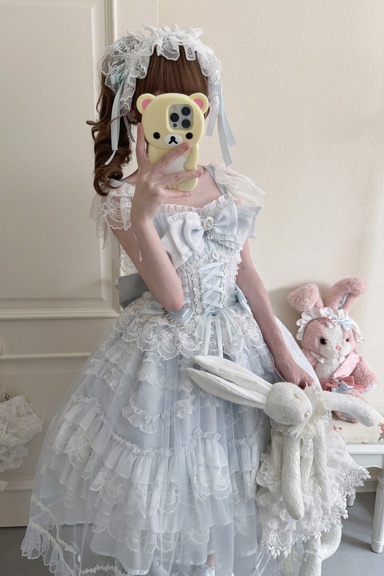 Blue Eternal Vow Sleeveless Multi-Layered Ruffle Hanayome Bowknot Lace Lace-Up Sweet Lolita Jsk Dress
