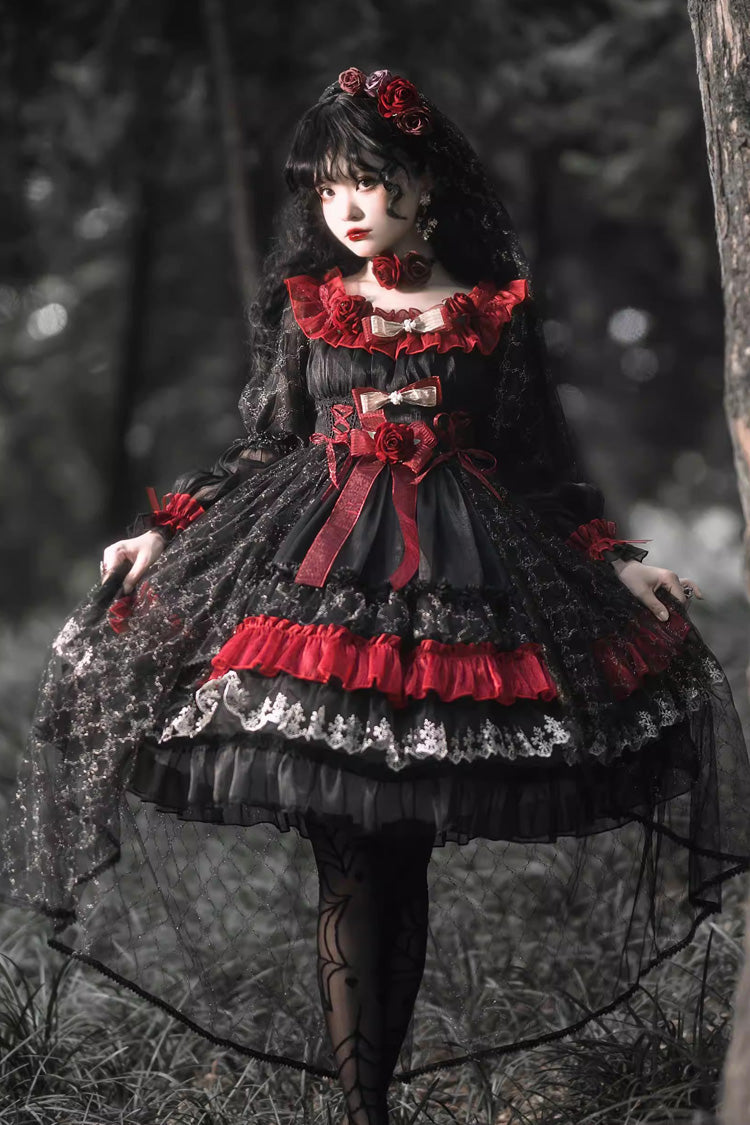 Black/Red Perlia's Night Long Puff Sleeves Ruffled Open-Front Bow Lace Gothic Lolita Dress