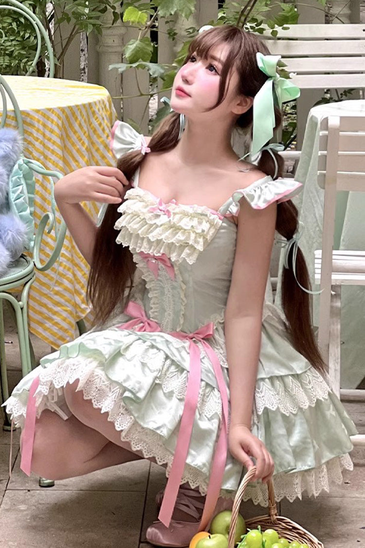 Green Mints Multi-Layered Ruffle Bowknot Lace Sweet Ballet Lolita Dress