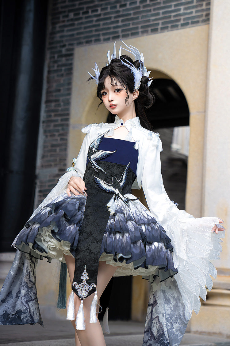 Dark Blue Feathered Finch Multi-Layered Print Ruffle Classic Chinese Style Lolita Jsk Dress Set
